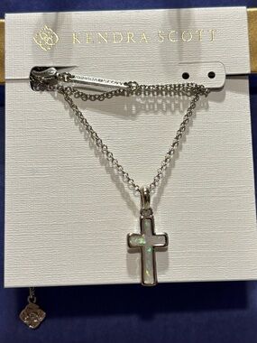 Kendra Scott Cross Silver Pendant Necklace in White Lab Grown Opal
